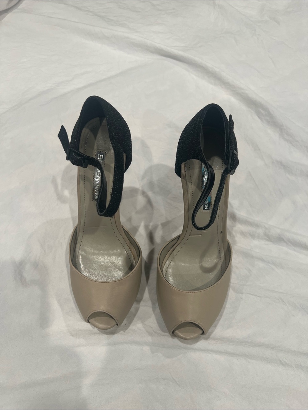BCBGeneration Beige Peep-Toe Heels with Black Ankle Strap
